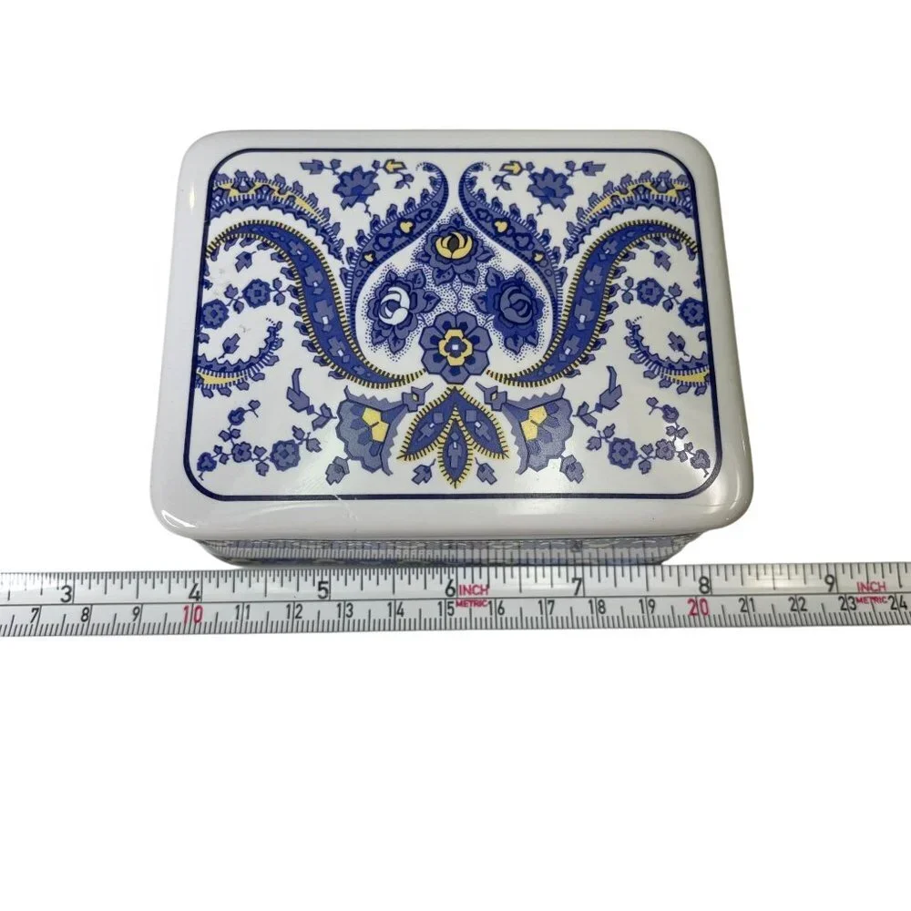 Thai Stoneware Trinket Box With Blueish Purple and Yellow Floral Paisley Pattern